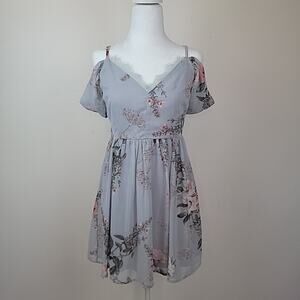 Lulus Dress S Blue Floral Off Shoulder Short Layered Sheer‎ Lace Fairy Romantic